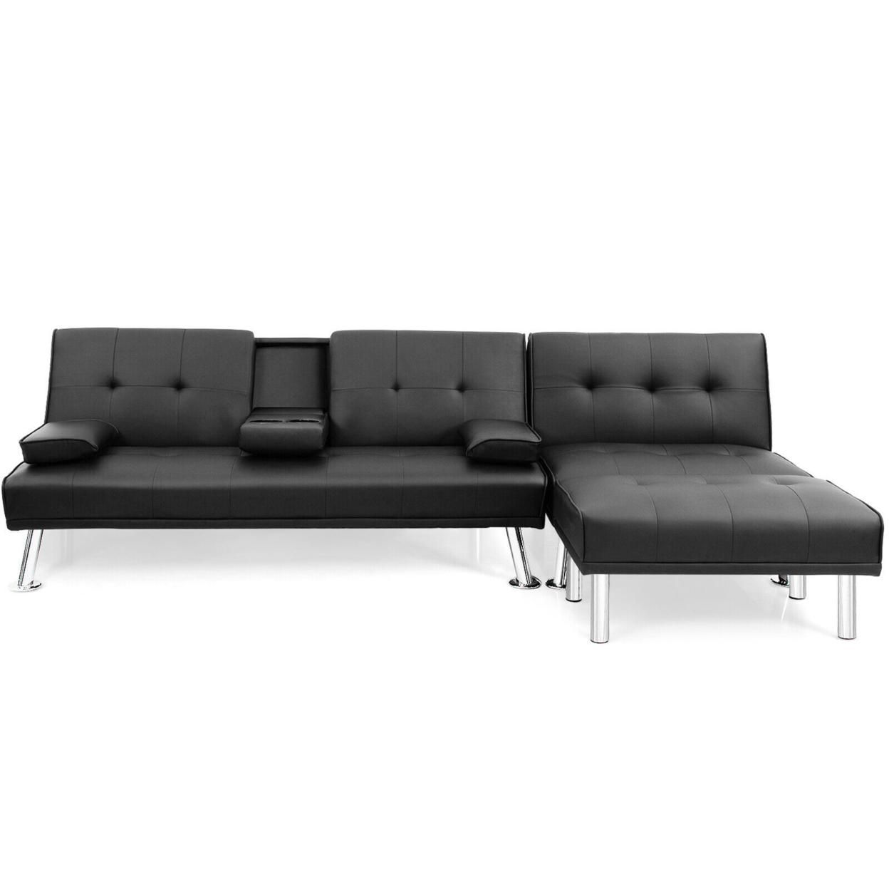 Gymax 3-Piece Sectional Sofa Set Convertible Futon w/Single Sofa & Ottoman Black