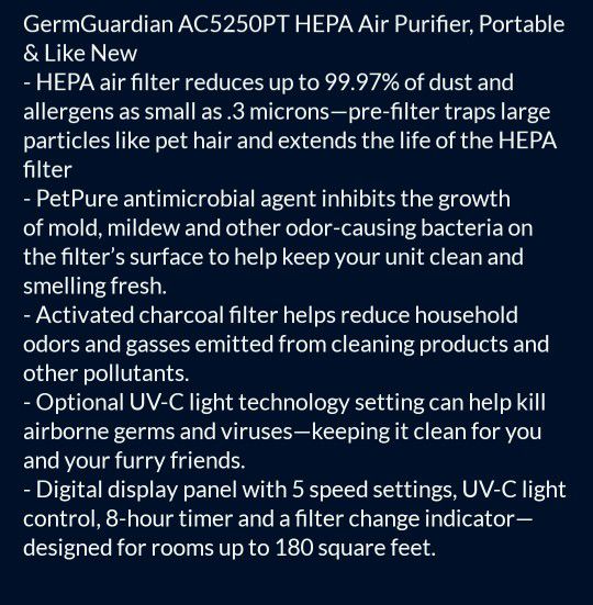GermGuardian AC5250PT HEPA Air Purifier, Portable & Like New 