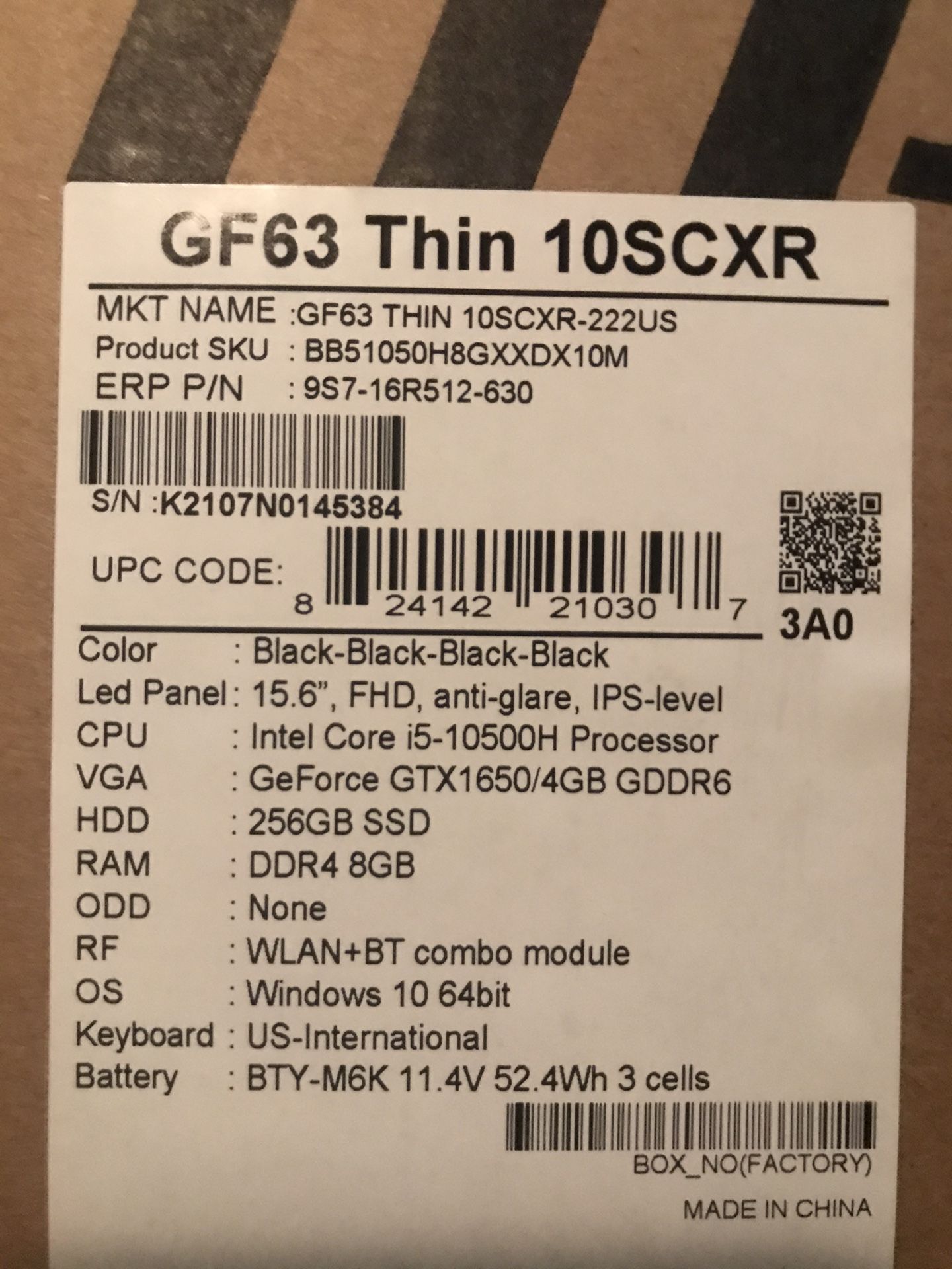 Brand New Sealed Box MSI GF63 Thin Gaming Laptop, 15.6" FHD Display, Intel Core i5-10300H, NVIDIA GeForce GTX 1650 MaxQ, 8GB DDR4, 256GB NVMe SSD, Bla