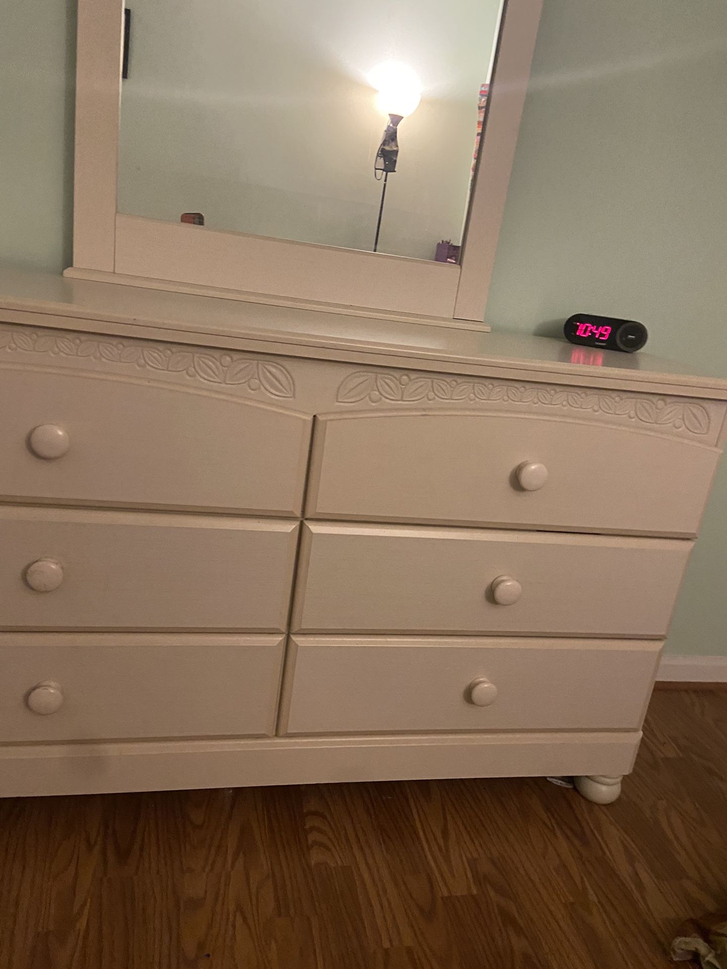 Six Drawer Painted Beige Wood Dresser