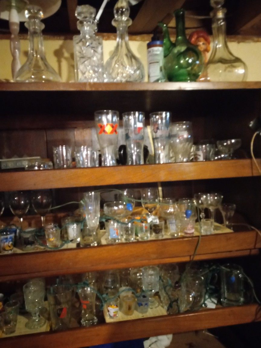 Glass Barware, 100 + Shot Glasses, Crystal Decanters, Gold Rimmed Rocks Glasses, Beer Steins, Crystal Champagne Flutes, A Lot More