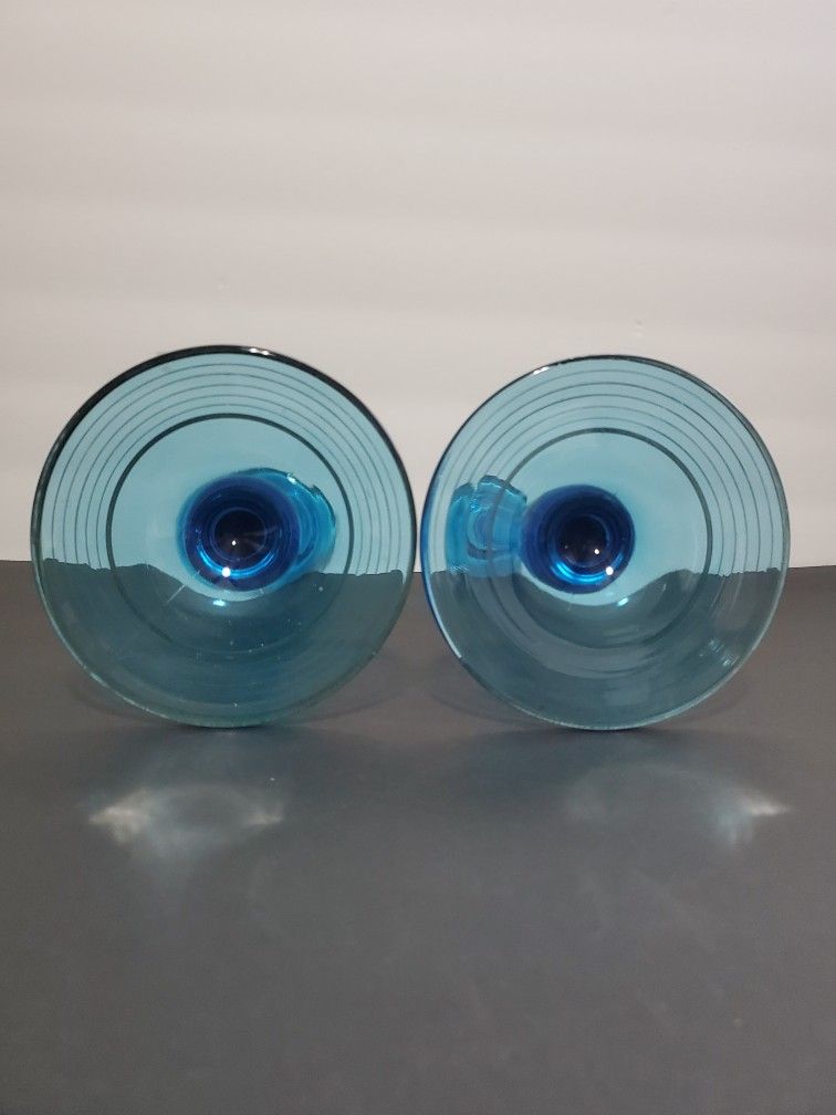 Mid-Century Teal Blue Glass Candle Holder With Silver Rings on The base.