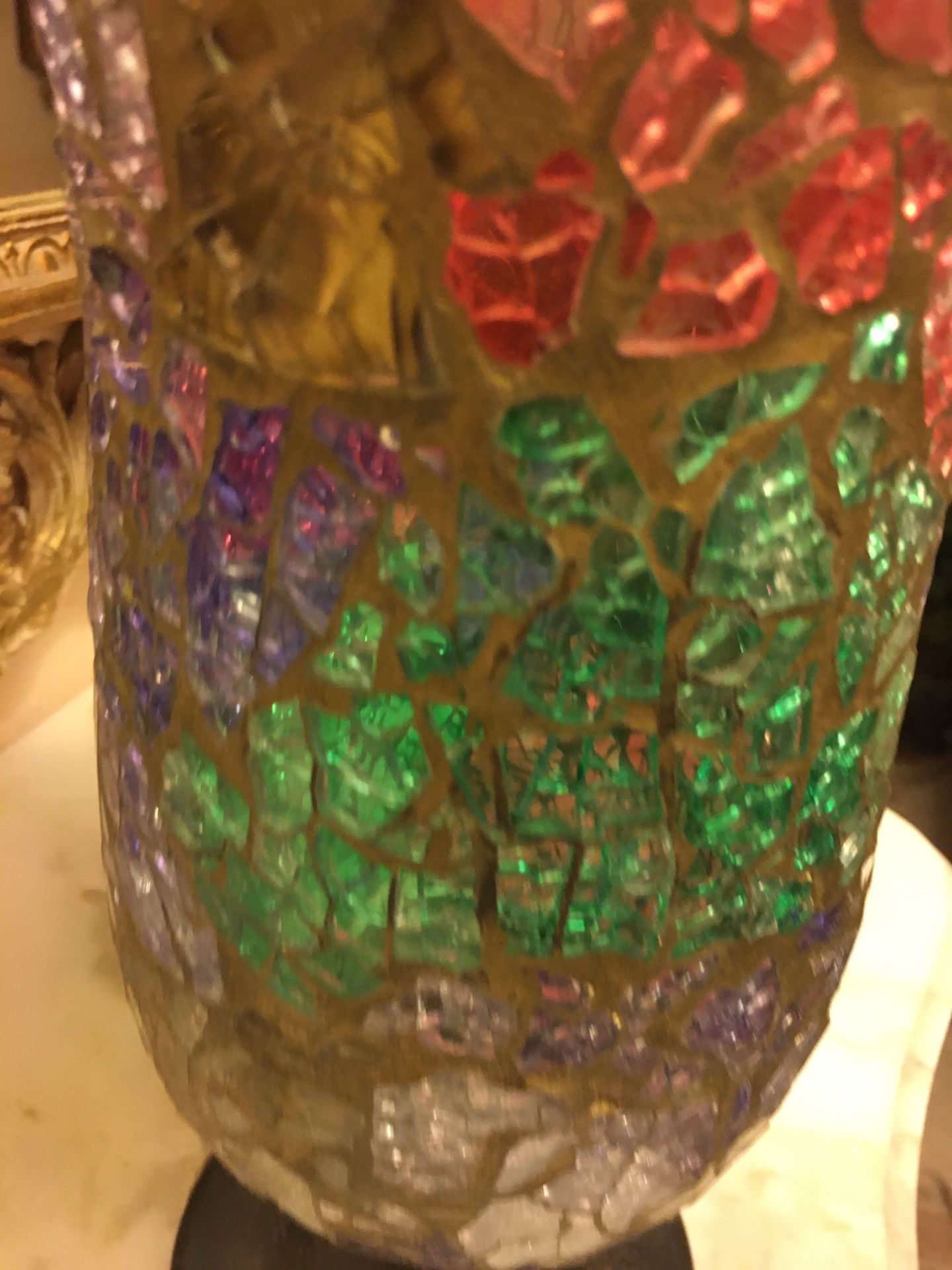 Beautiful vintage stain glass mosaic hurricane on distressed black metal candleholder mint