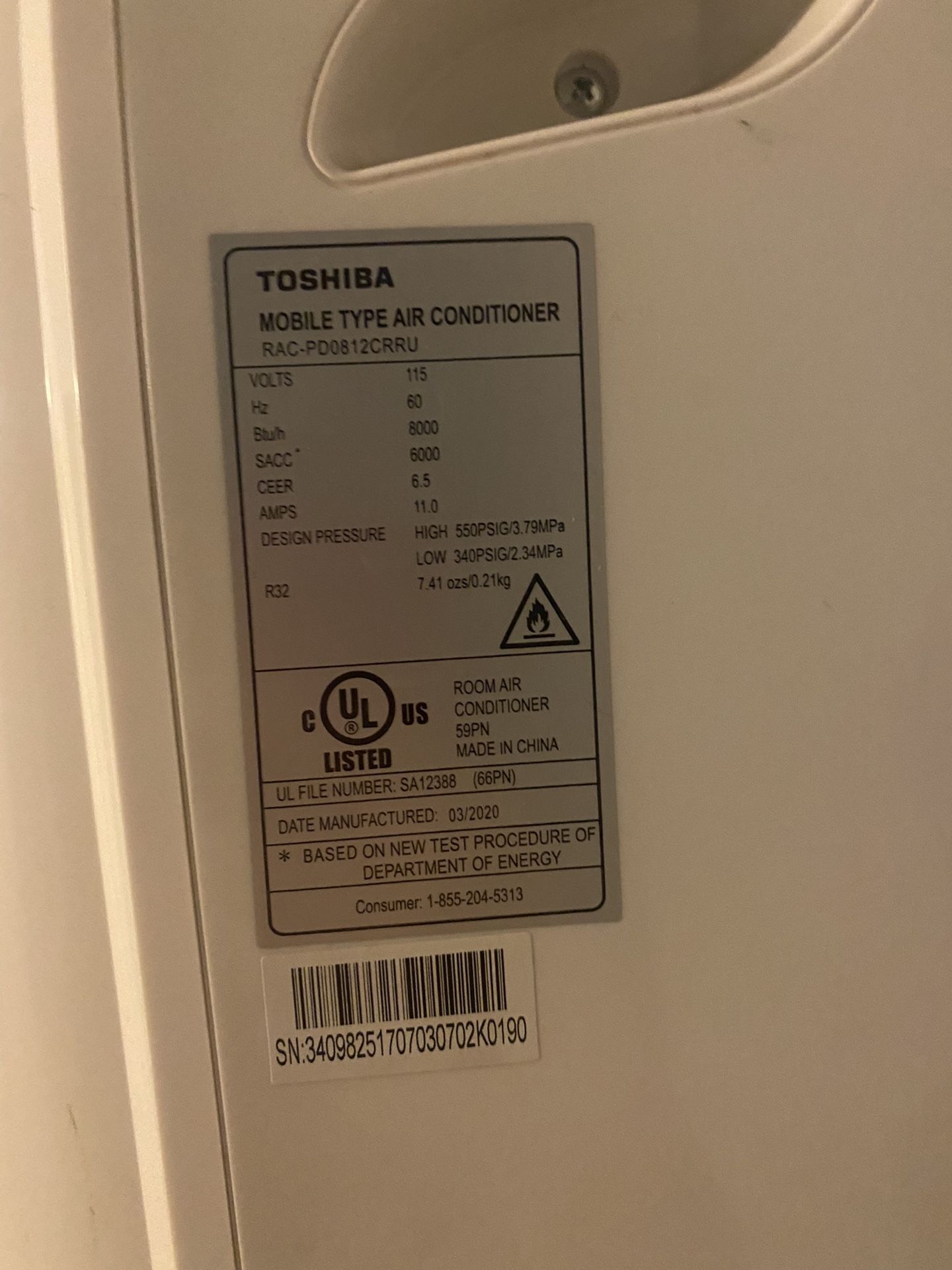 Toshiba 800BTU Portable Air Conditioner