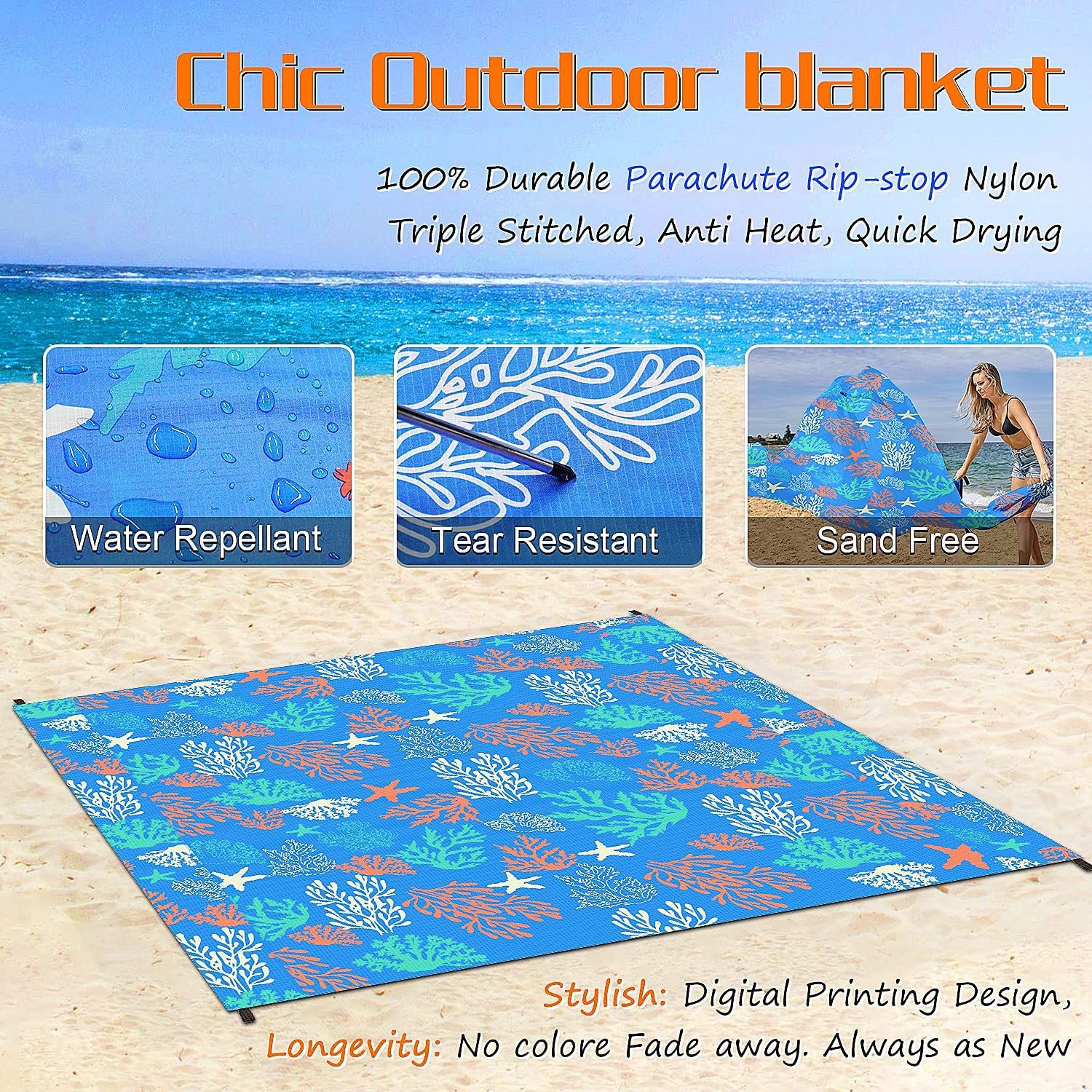 Beach Blanket, 68"x71" Oversized Sandproof Beach Mat for 8-10 Adults, Waterproof Picnic Blanket, Portable Picnic Mat with 4 Anchors for Beach Festival
