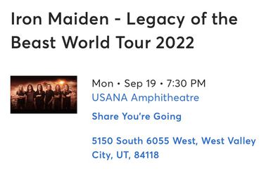 Iron Maiden Concert Tickets (2) GA Lawn, September 19, 2022, Selling BOTH for $60 Thumbnail
