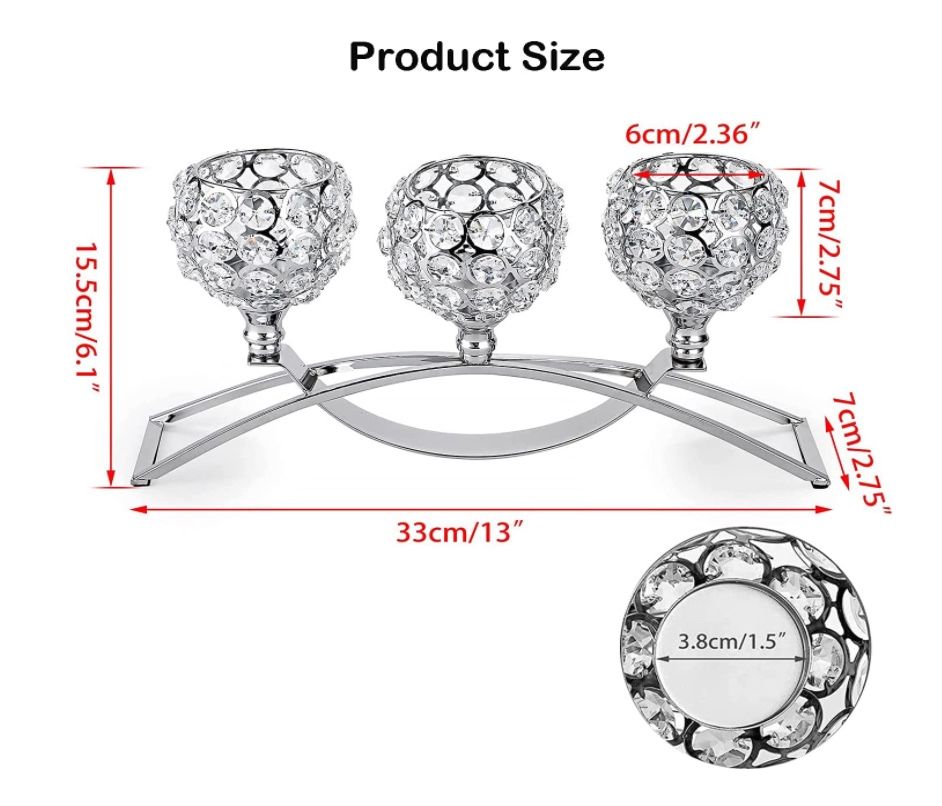 Crystal Candle Holders,Wedding Candle Holder 3-Candle Candelabras,Silver Candlesticks Holders for Candlelight Dinner,Home Decoration (Silver)