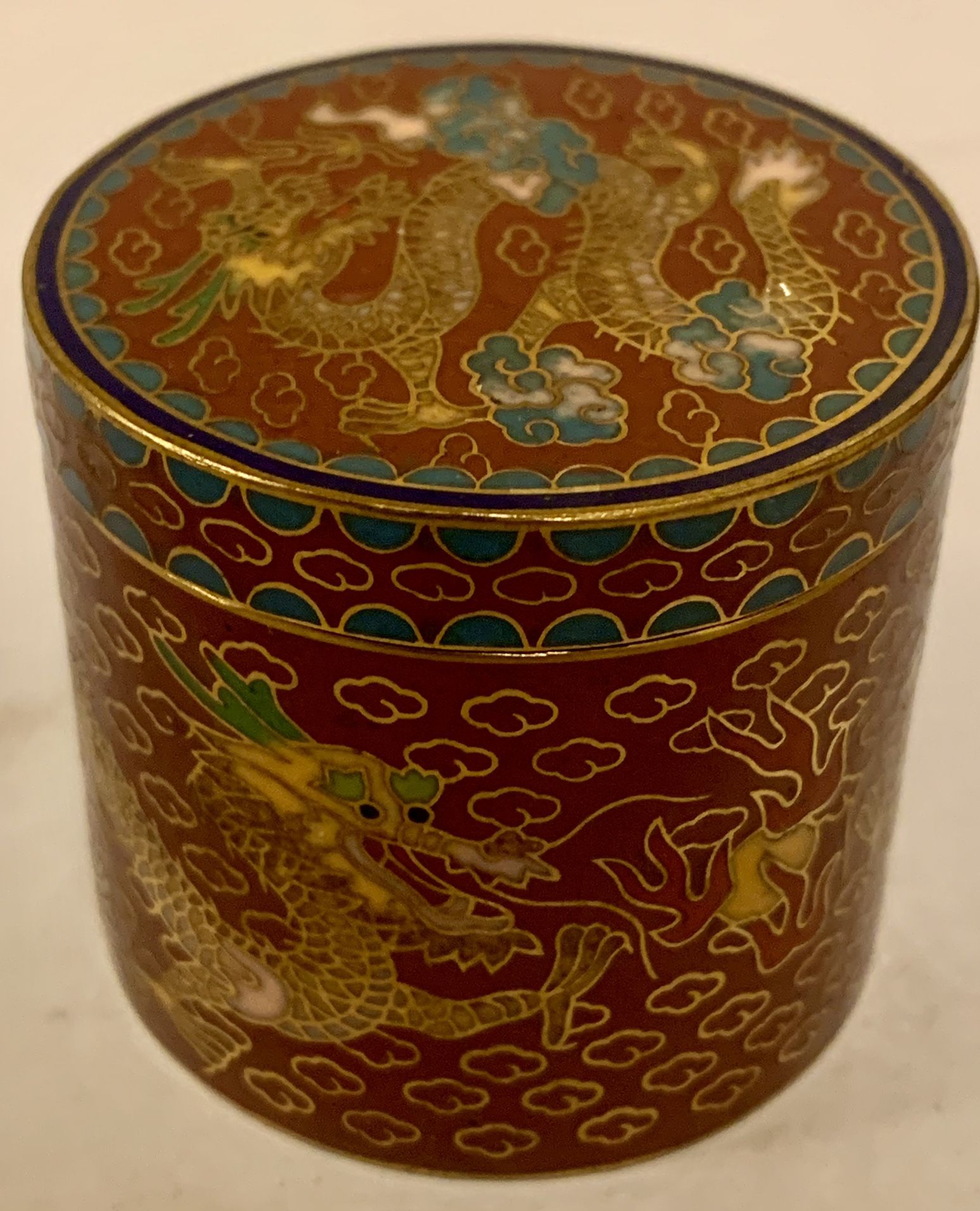 Vintage Set Of Chinese Cloisonné Container, Chinoiserie, Trinket with the 2 Dragons Motif, and 6 Cloisonné Beads With The Flowers Around