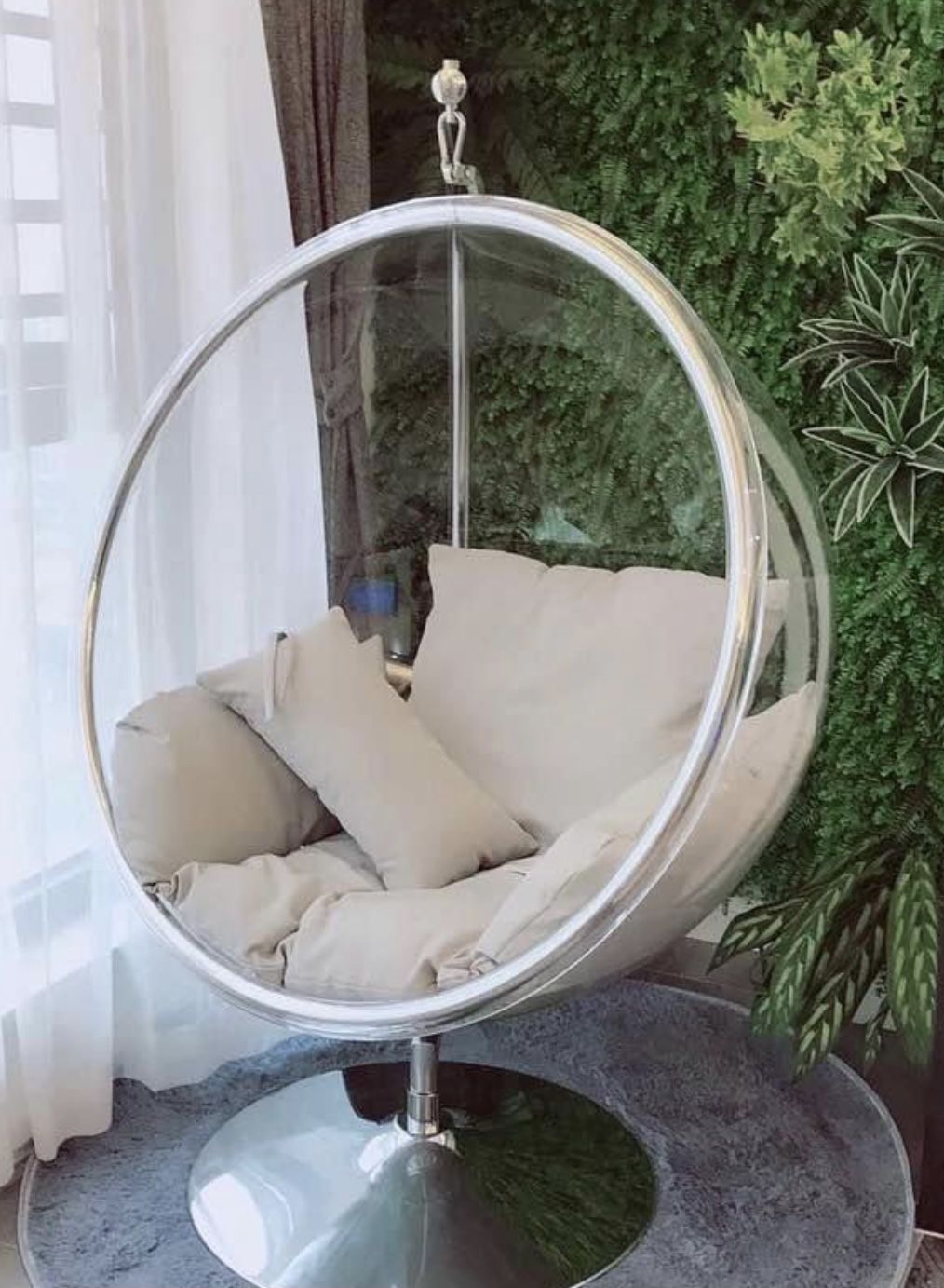 Hanging Bubble Chair Polished Chrome With Stand And Cushion Pillows