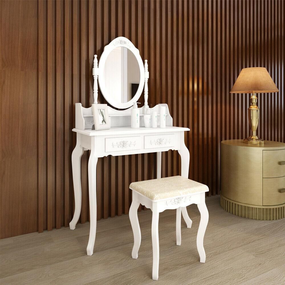 White 4 Drawer Wood Vanity Makeup Dressing Table Set w/Stool, Jewelry Drawer, Mirror Desk