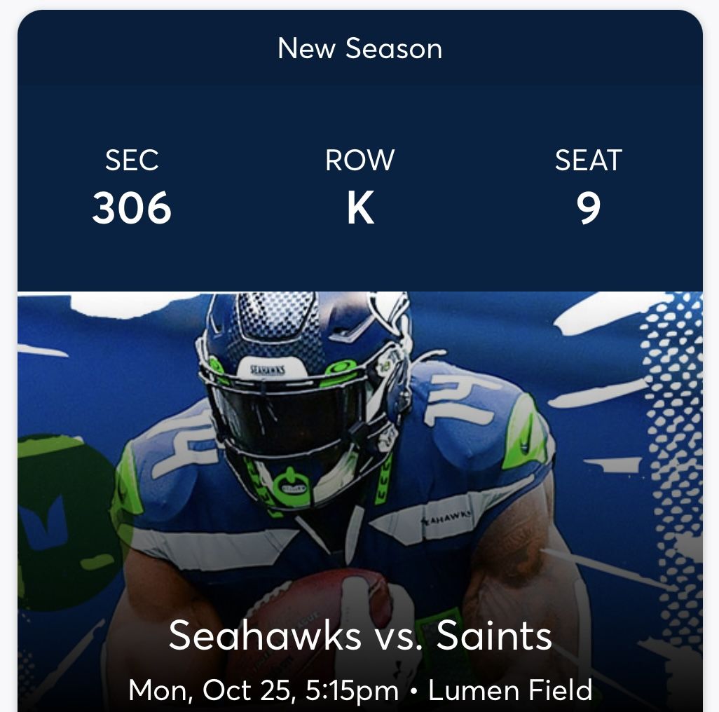Seahawks vs Saints Monday Night Football 10/25 Section 306