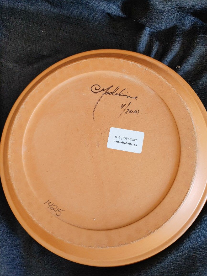 Potworks(California) terracotta warming platter w multi-colored stained glass design w state of Texas in the center