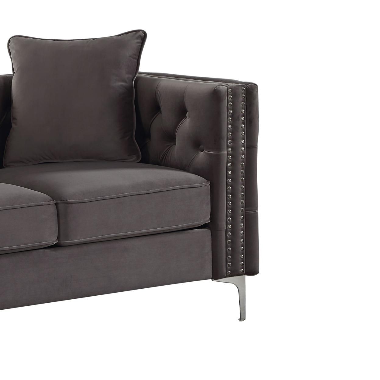 Velvet Upholstered Button Tufted Loveseat with Two Pillows, Dark Gray