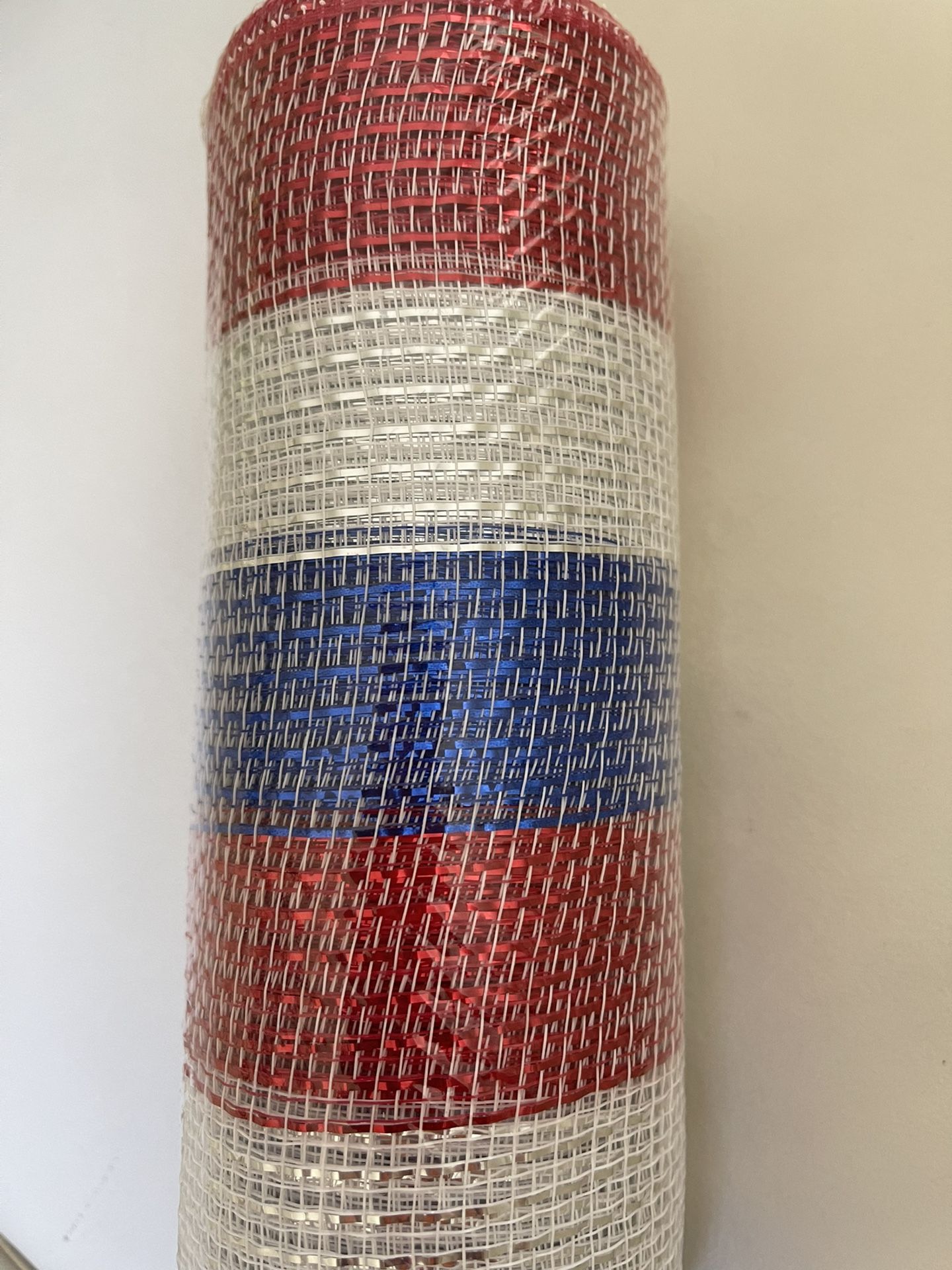 Patriotic 10” Wide Poly Deco Mesh: Metallic Red, White & Blue Stripes