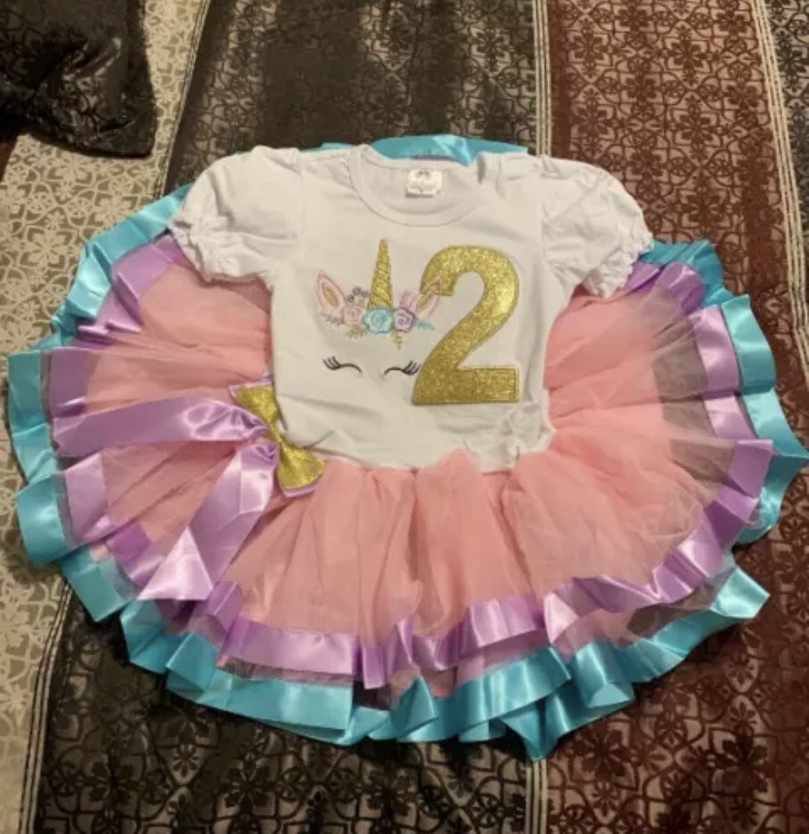UNICORN Outfit 2 Second One Year Old Birthday Dress Party Puffy Sleeve 