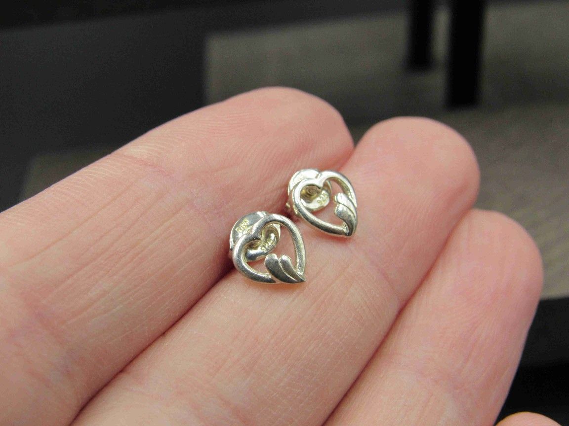 Sterling Silver Tiny Odd Heart Stud Earrings Vintage Wedding Engagement Anniversary Beautiful Everyday Minimalist Cute