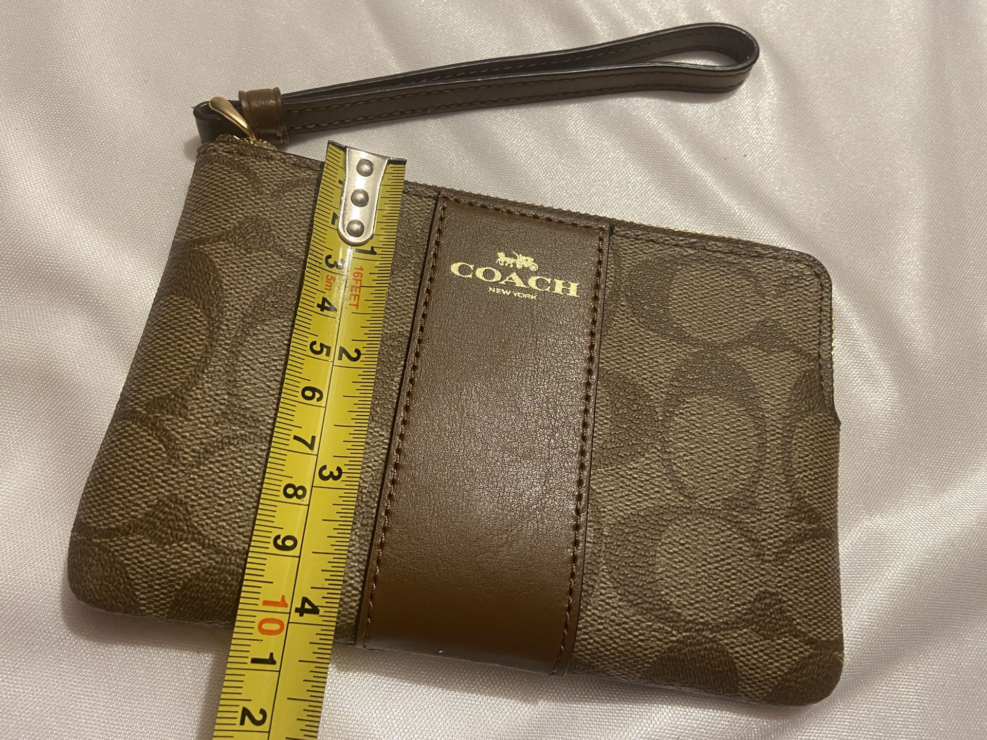 Authentic COACH wristlet Small Khaki/Saddle PVC Leather Signature Canvas