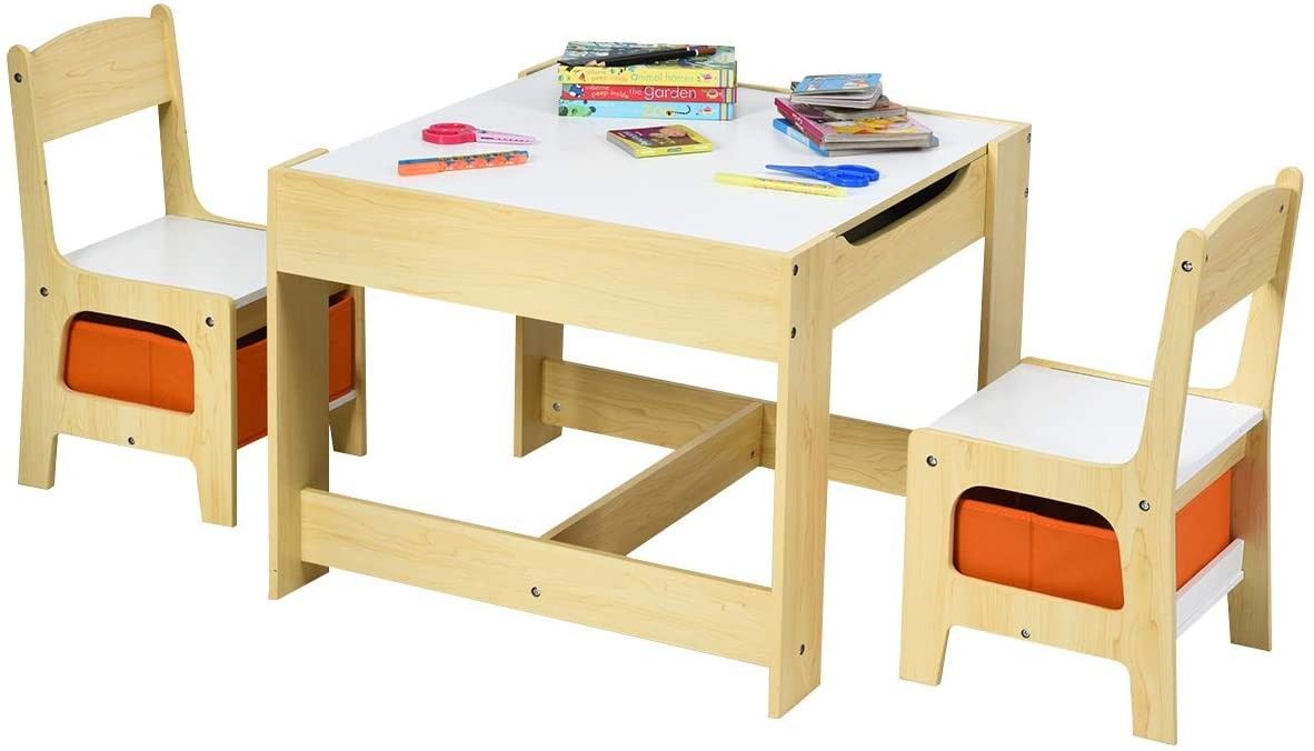 Kids Wood Table & 2 Chair Set, Children Activity Table Desk Sets w/Storage Drawer
