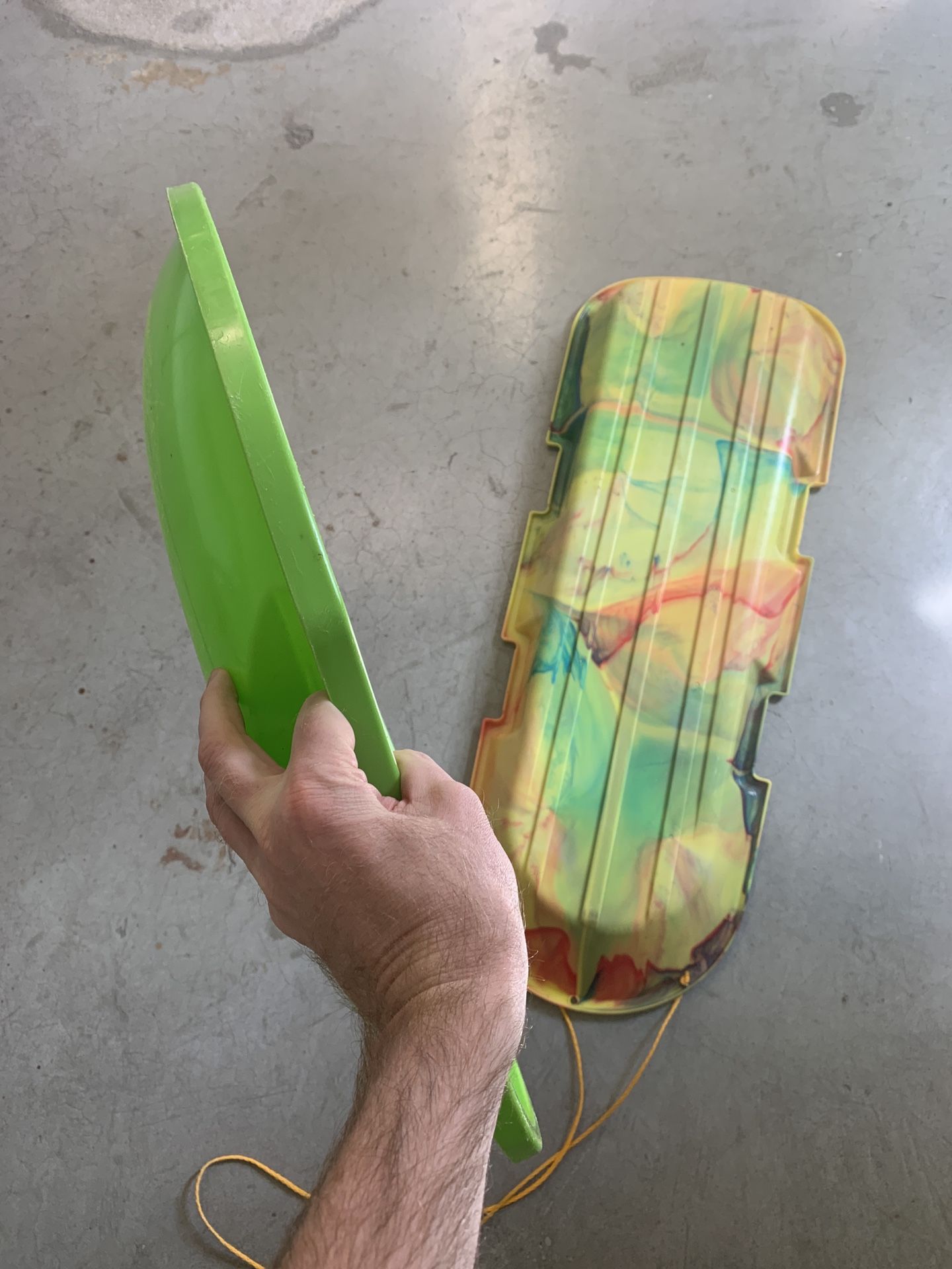 Two Plastic Snow Sleds - One Saucer style and One 2-Person Toboggan style Be ready for the snow and sledding! ❄️ ⛄️ Great pre-owned condition. Pr