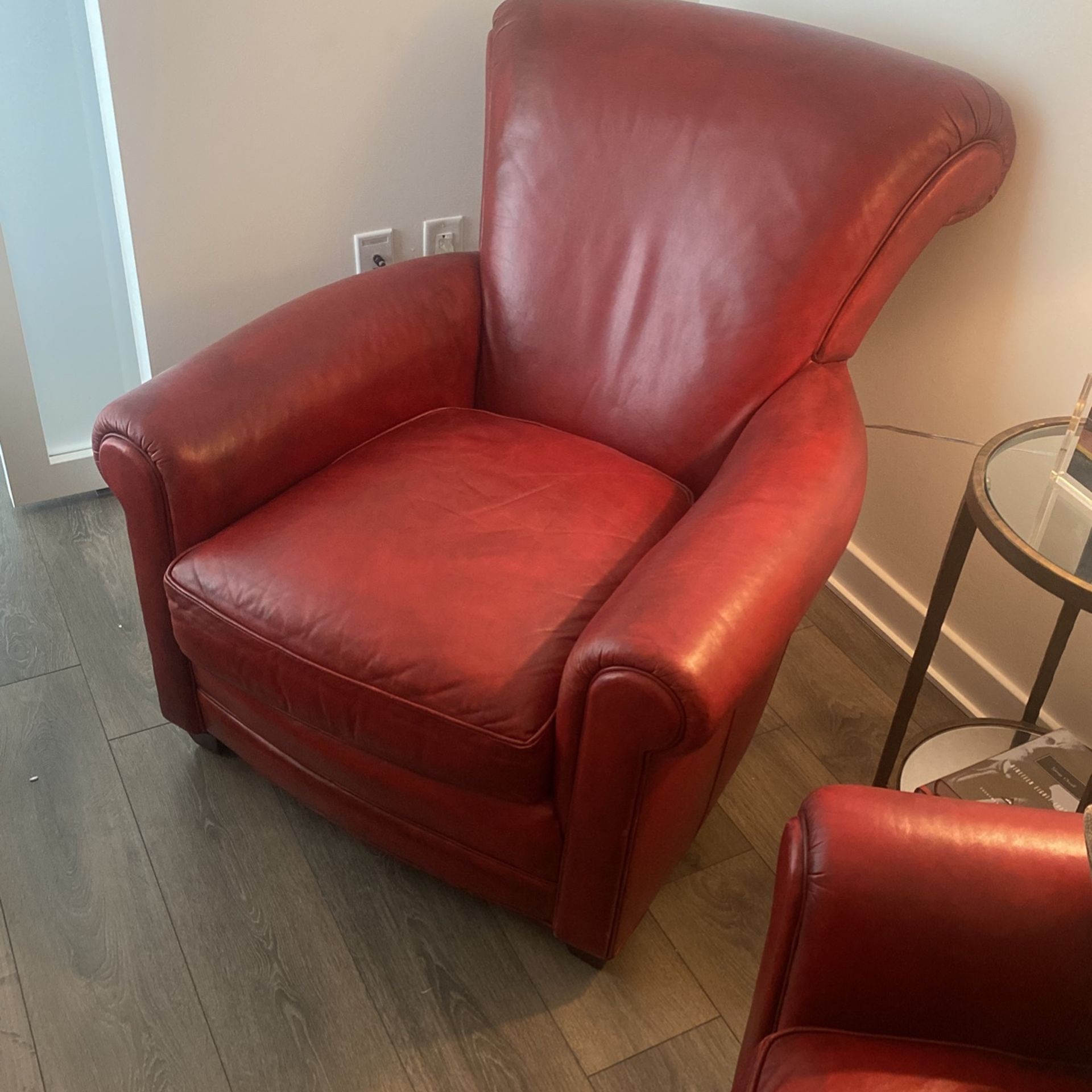 Crate and Barrel Red Leather Armchairs Set Of 2