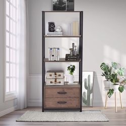 HOOSENG Bookcase with 2 Drawers, 4-Tier Open Bookshelf, 60'' Free Standing Shelf, Wooden Metal Frame Storage Cabinet, Organizer Rack Furniture for Liv Thumbnail