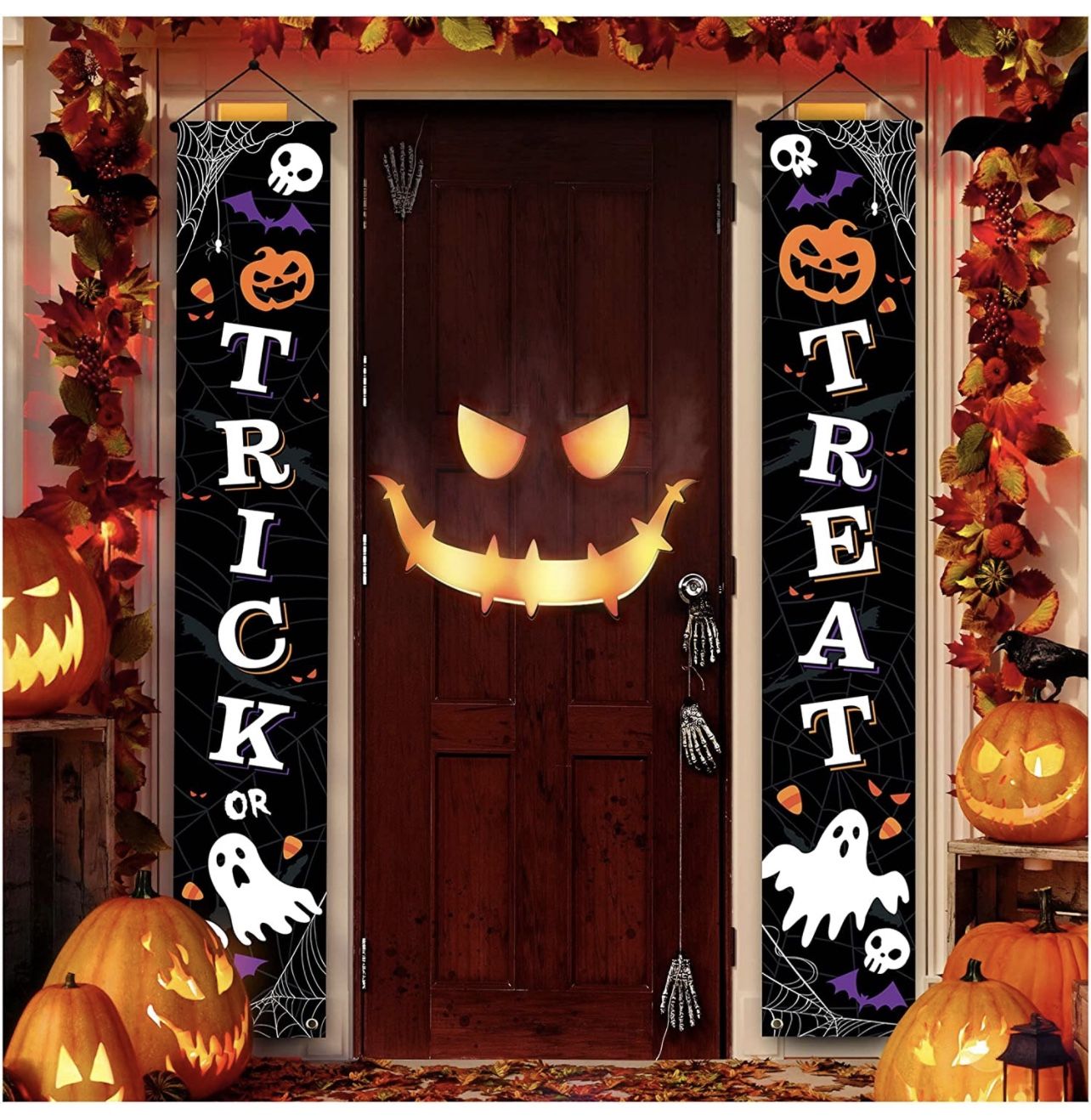 Outdoor Halloween Decorations Decor - Front Door Trick or Treat Banner Hanging Halloween Porch Decorations Outdoor Clearance Signs for Home Welcome Si