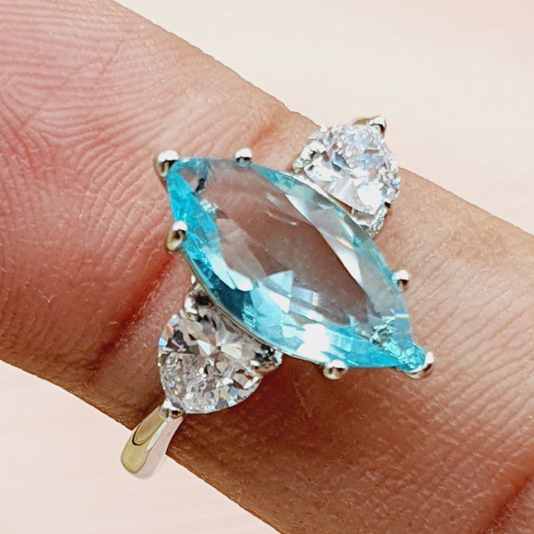 "Marquis Crystal Clear Super Big Sea Blue Zircon Rings for Women, PD546
 