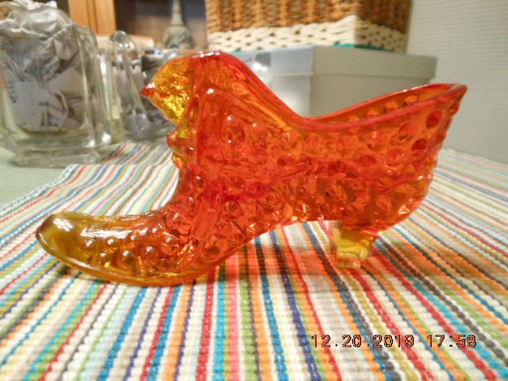 Vintage Fenton Amberina/Orange/Red Glass Hobnail Cat Head Shoe