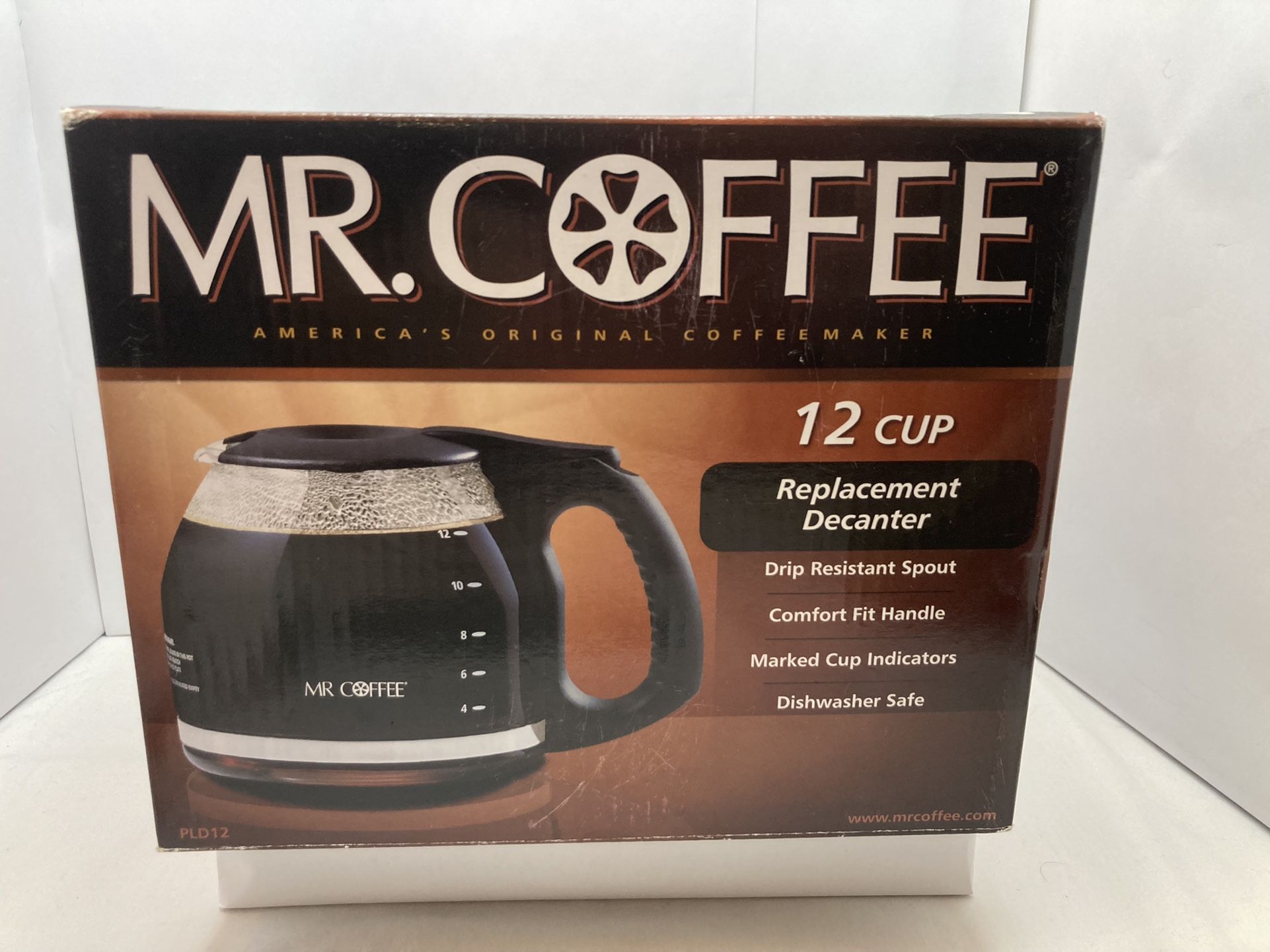 Mr Coffee 12 Cup Replacement Decanter PLD12 Black Glass Pot New In Box-Free Ship. Box has cosmetic and shelf wear: See Photos!!!