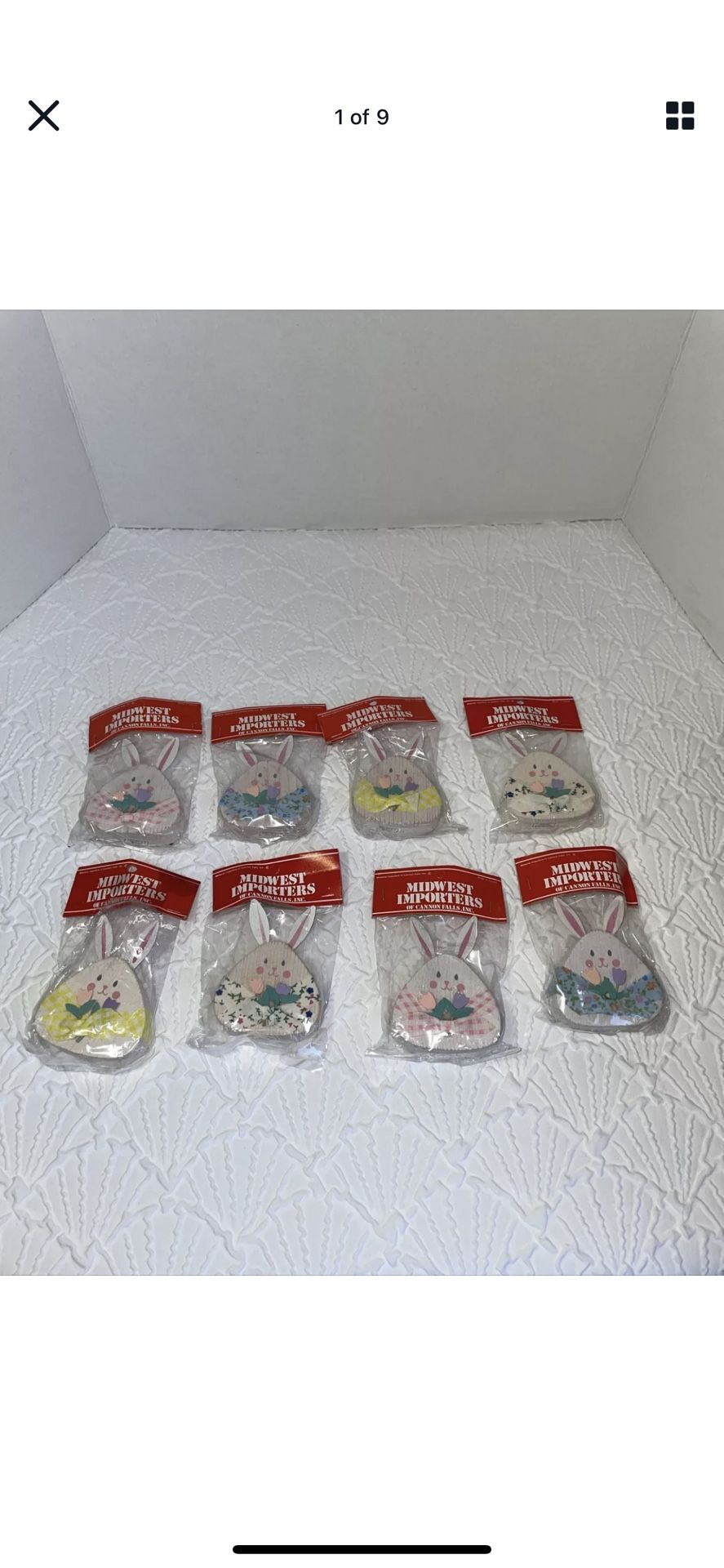 VTG Midwest Importers Of Canon Falls Wood Bunnies Ornaments Easter Like New Set of 6 Made in Taiwan! 3 matching sets!
