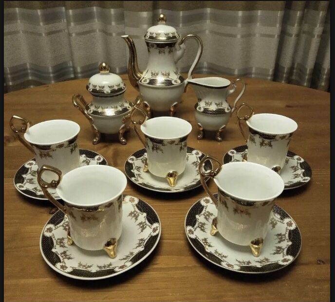 Vintage 15-Piece Ornate Coffee Set - Gold Decorated, Claw-Foot Design