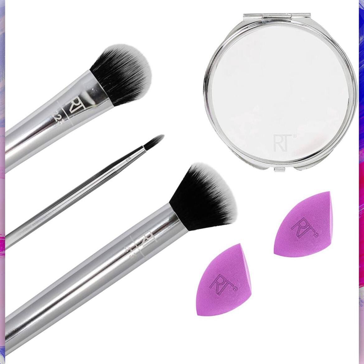 Real Techniques Poppin' Perfection Makeup Brush Set with Makeup Blender Beauty Sponges and Compact Makeup Mirror, Set of 6