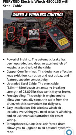 FIERYRED 12V 4500LBS Electric Steel Cable ATV Winch Kits for Towing ATV/UTV Off Road Trailer with Wireless Mounting Bracket Thumbnail