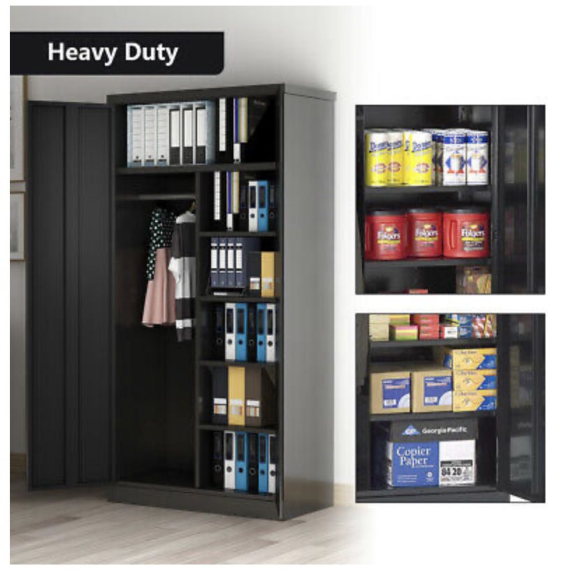 71" Lockable Garage Tools Office Storage Cabinet Metal w/4 Adjustable Shelves
