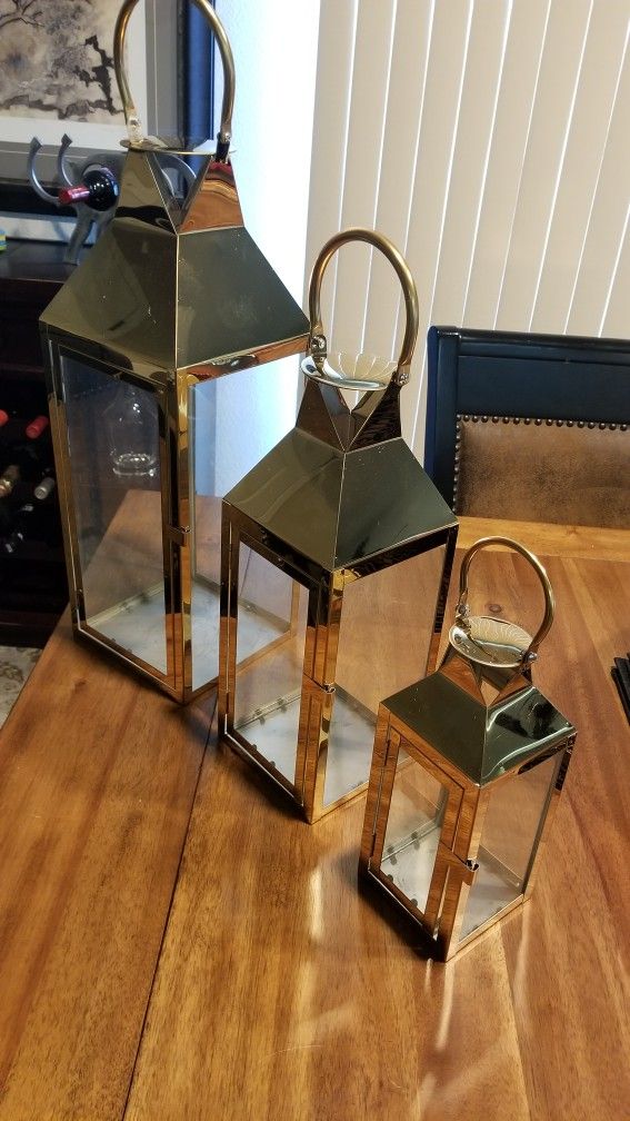 3-PC Set Jumbo Luxury Modern Indoor/Outdoor Hurricane Candle Lantern Set with Chrome Plated Structure and Tempered Glass-Pyramid Top
