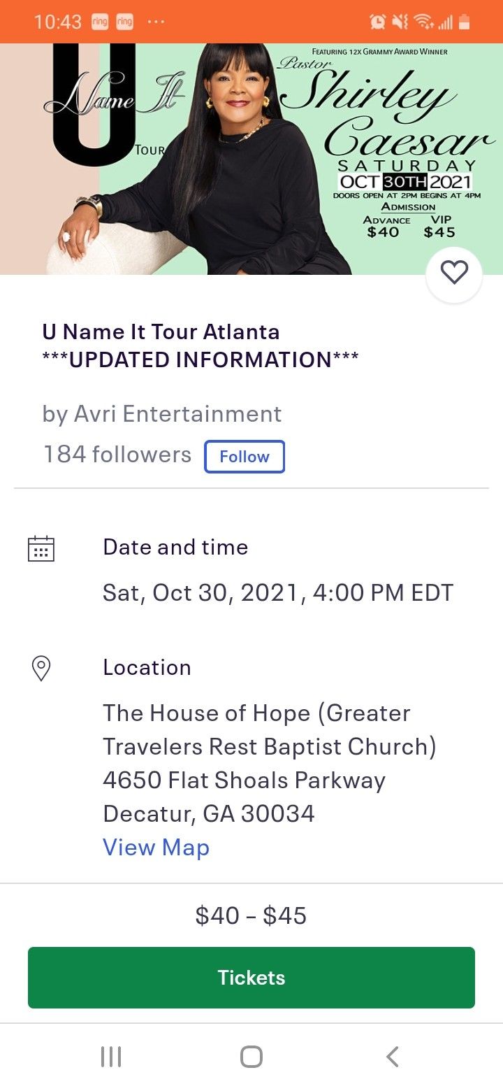 Shirley Caesar Tickets For Oct 30th Sat At 4pm!!!!!