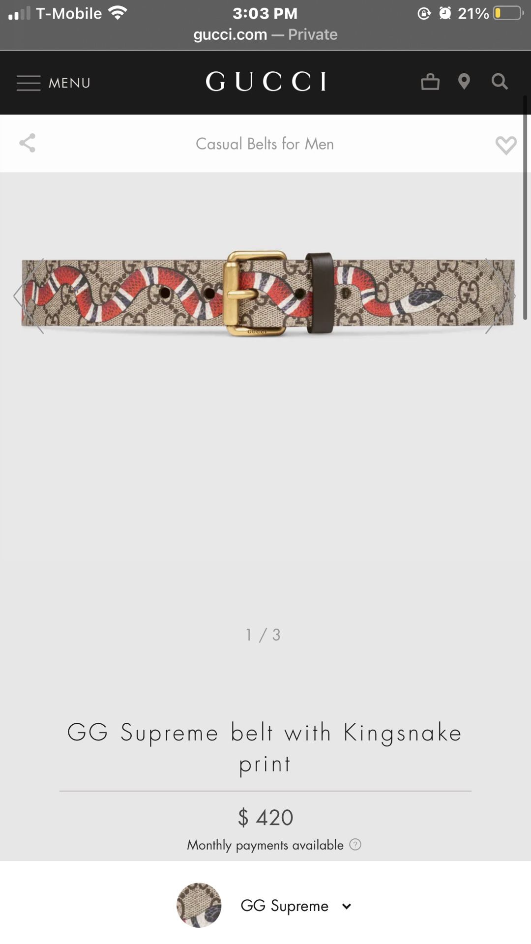 GUCCI Supreme belt with Kingsnake print