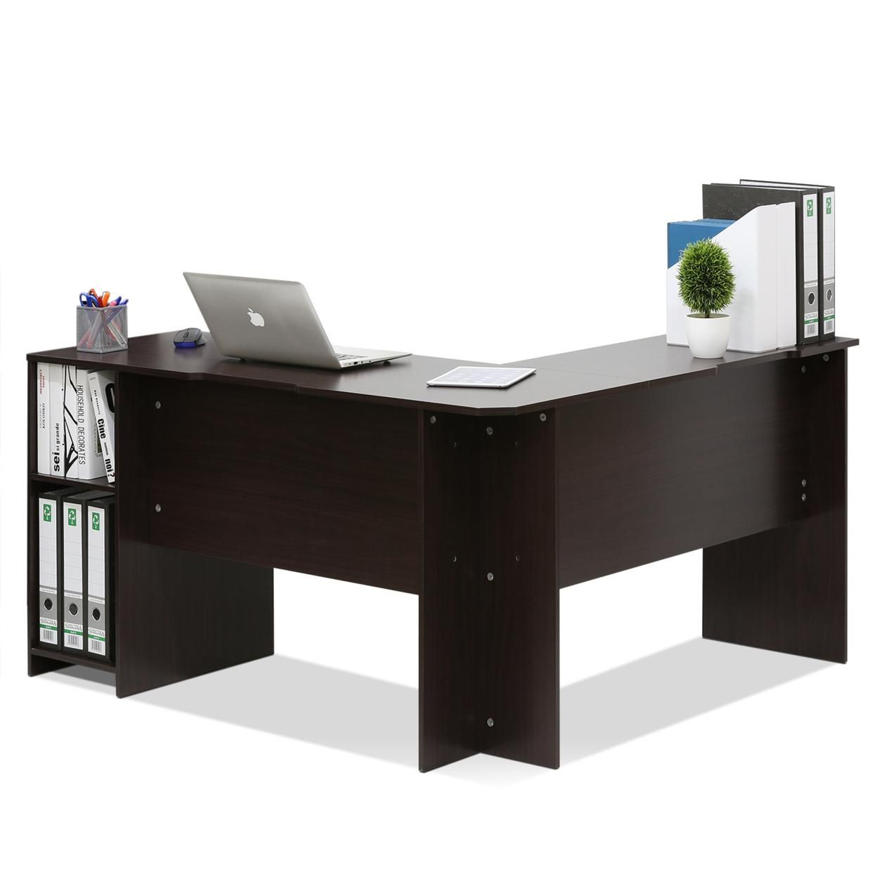 Furinno Indo L-Shaped Desk with Bookshelves, Espresso