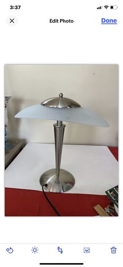 Art Deco Desk Table Lamp w Satin Nickel Base & Glass Shade. Works Perfectly Thumbnail