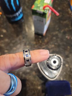 White Gold With Diamonds And Blue Sapphire Wedding Ring For Men Thumbnail