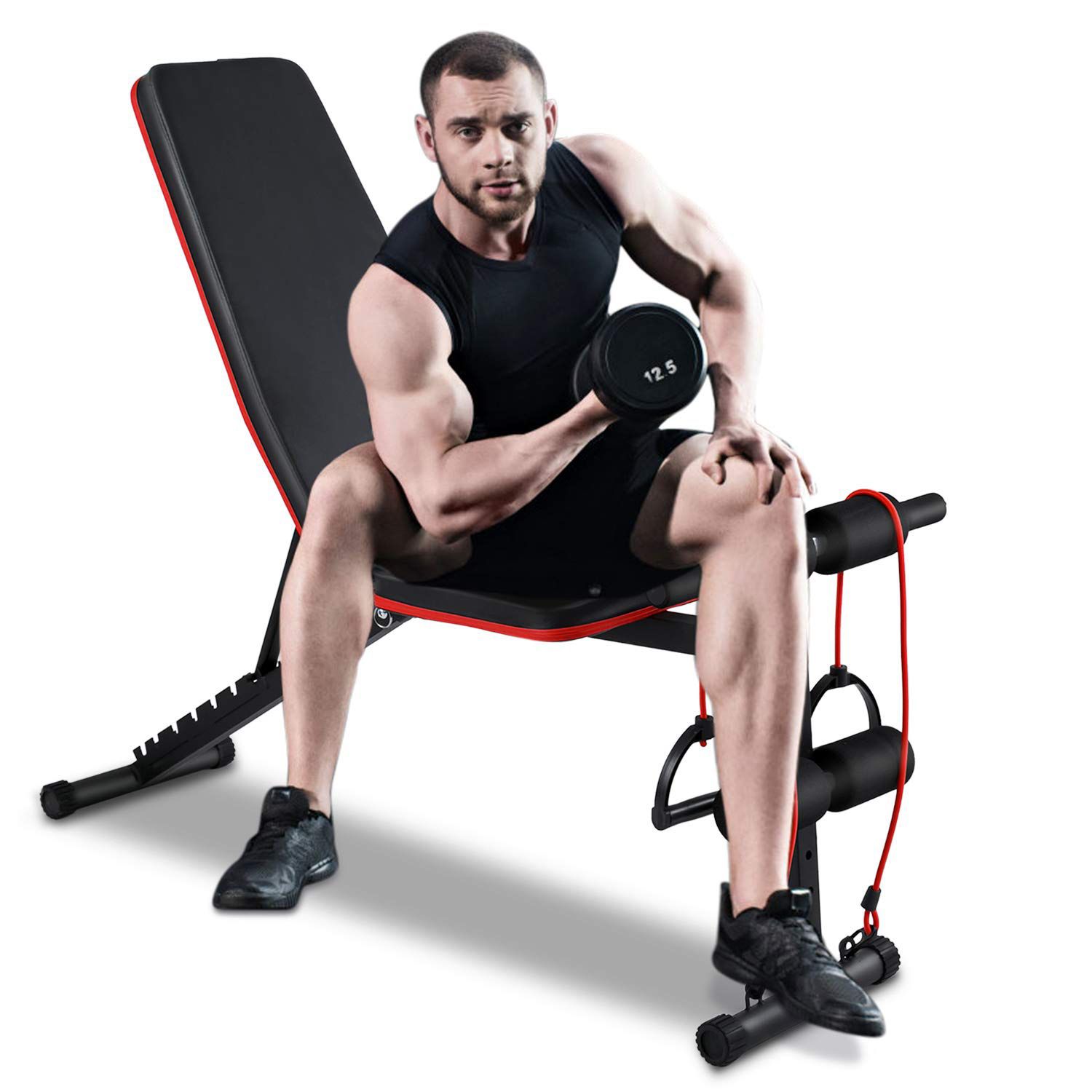 🎉 BRAND NEW Adjustable Weight Bench Workout Bench Sit Up Incline Curved Bench Flat Fly Weight Press Foldable Multi-Purpose Bench with Resistance Band