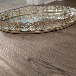 Vintage Gold Mirrored Trinket Tray 13in Long 8.5in Wide Thumbnail
