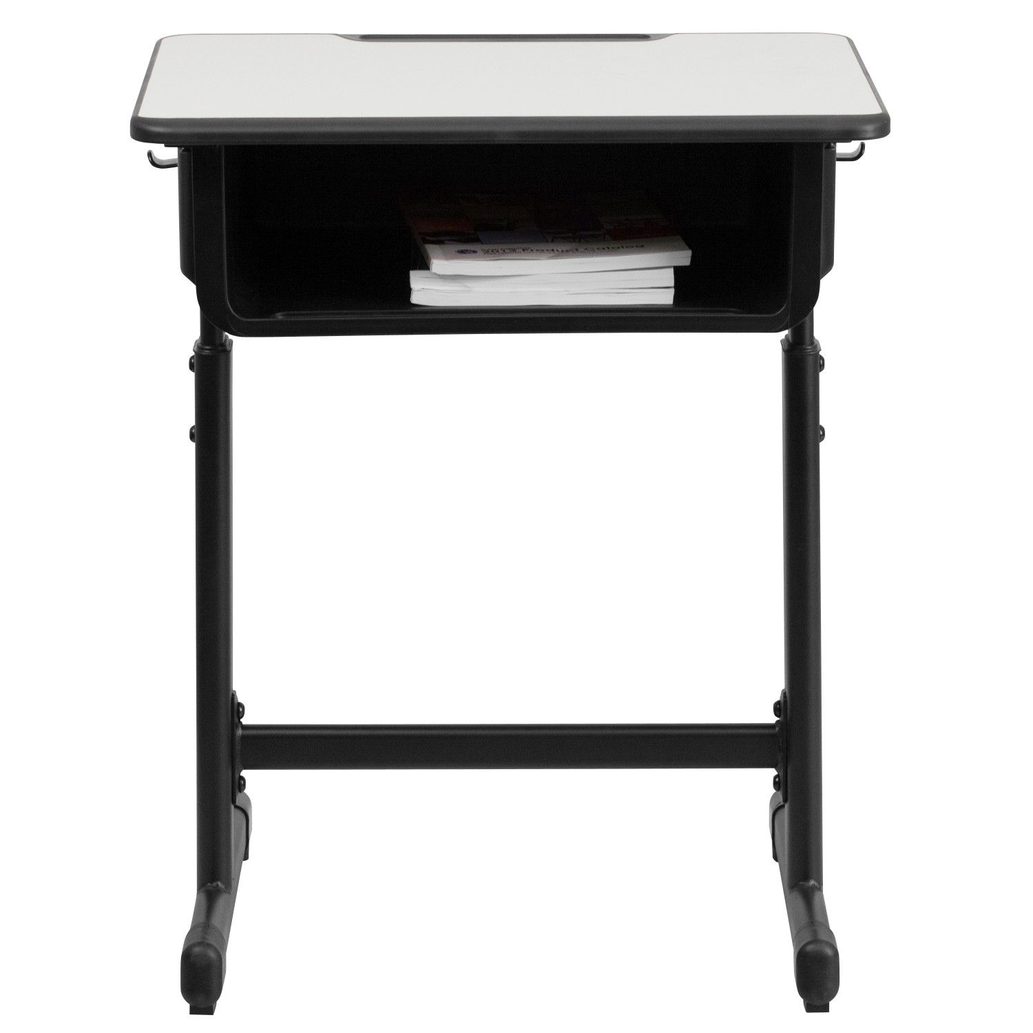 Desk with Grey Top and Adjustable Height Black Pedestal Frame