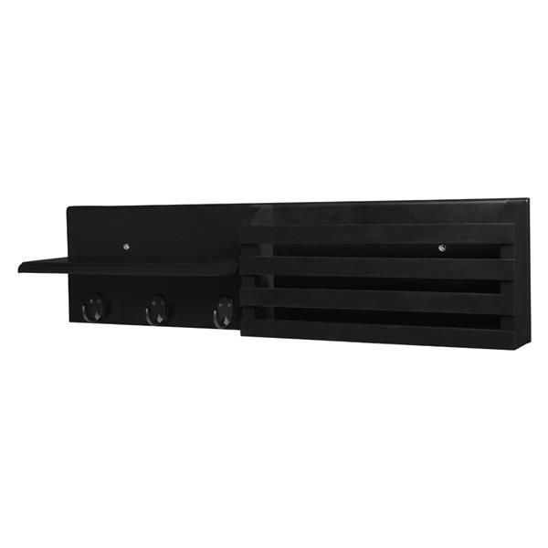 Wall Shelf and Mail Holder with 3 Hooks, 24-Inch by 6-Inch, Black