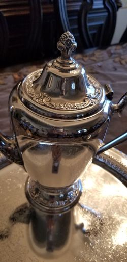 Silverplated tea set with butter dish and edge decorated tray Thumbnail