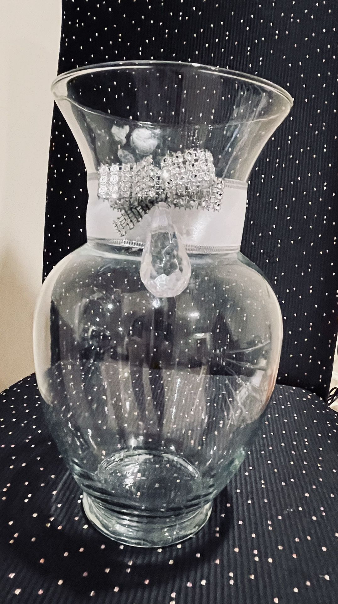 Glass Vase For Centerpiece with Silver Metallic Lace & Large acrylic Bead  