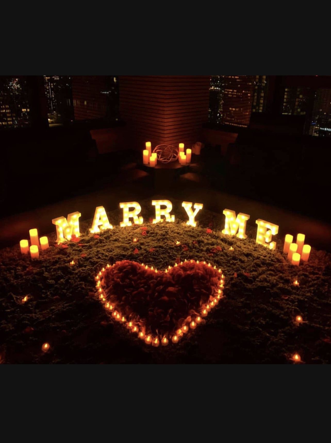 New Engagement Proposal Package - Marry Me LED Letter Sign, 1000 Rose Petals, 50 Tea Light Candles & 2 Champagne Glasses