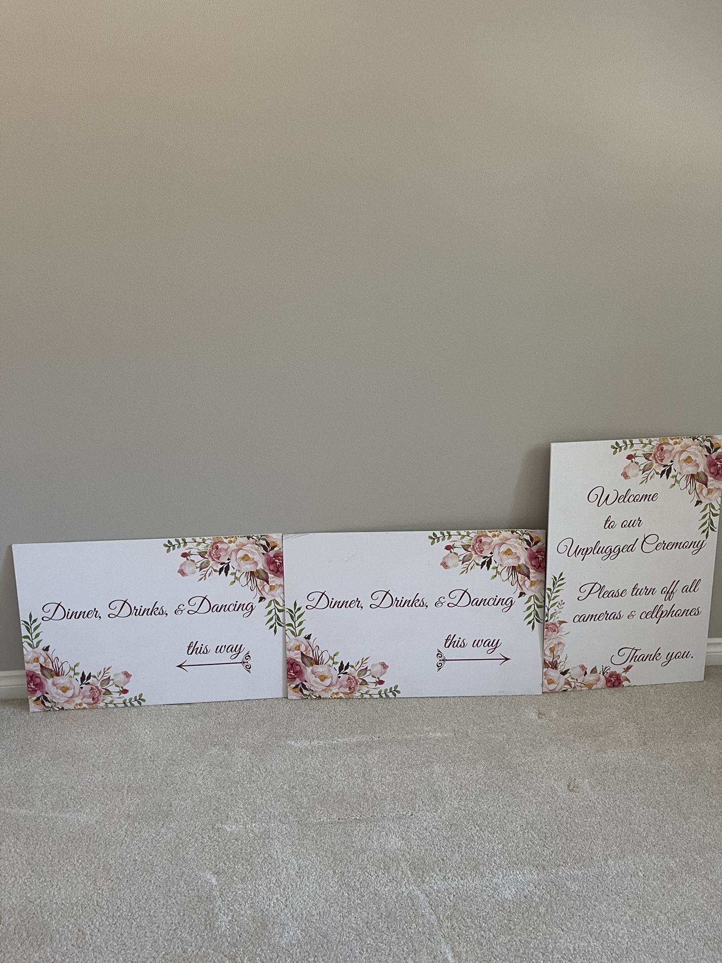 Wedding Floral Signs- “unplugged Ceremony” “Dinner, Drinks, Dancing This Way