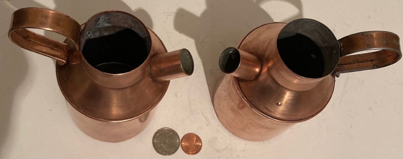 Vintage Set of 2 Metal Copper Pitchers, 6" x 3", Kitchen Decor, Table Display, Shelf Display, These Can Be Shined Up Even More