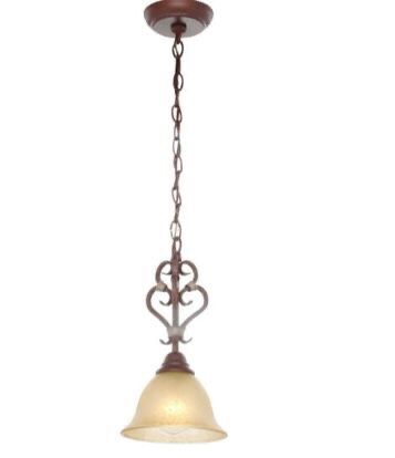 World Imports Olympus Tradition 1-Light Crackled Bronze Silver Mini Pendant Tea-Stained Glass Shade